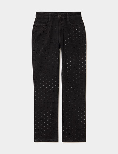 Jean droit &agrave; strass taille haute denim noir femme