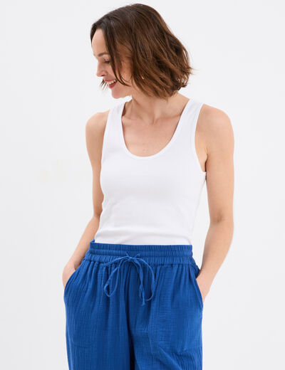 Débardeur col rond côtelé coton blanc femme
