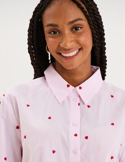 Chemise brod&eacute;e manches longues rose femme