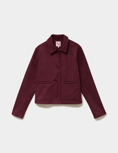 Veste courte effet su&eacute;dine boutonn&eacute;e violet fonc&eacute; femme
