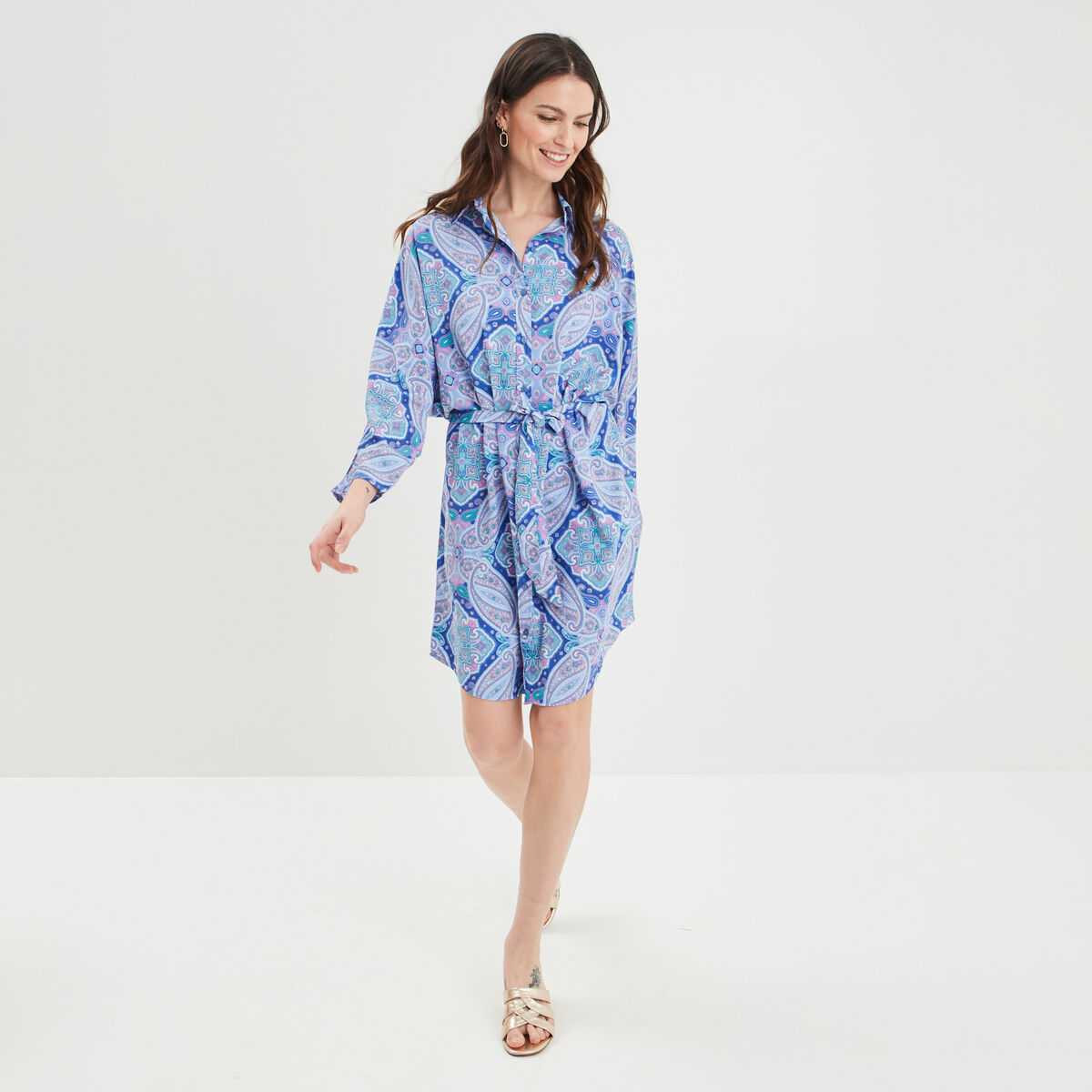 Robe chemise droite fluide ceinturée bleu femme