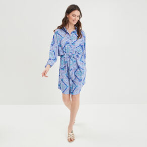 Robe chemise droite fluide ceinturée bleu femme