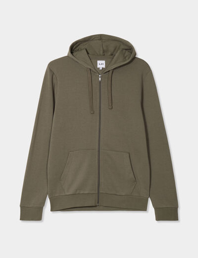 Sweat zippé molleton à capuche vert kaki homme