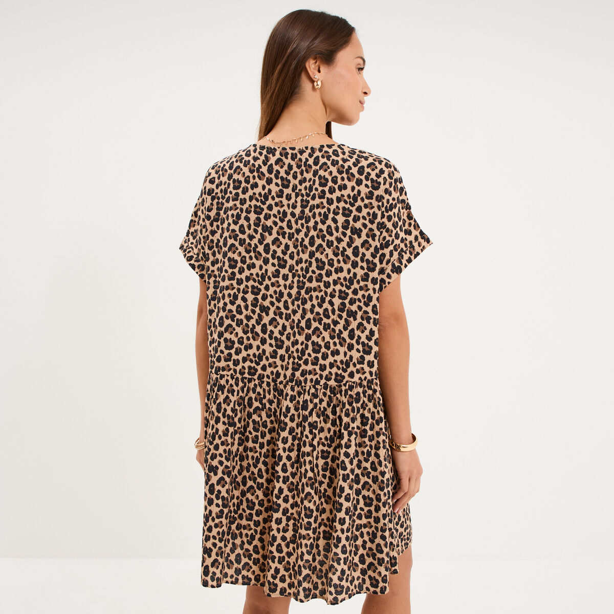 Robe courte fluide manches courtes beige clair femme