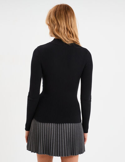 Pull ajusté côtelé col montant noir femme