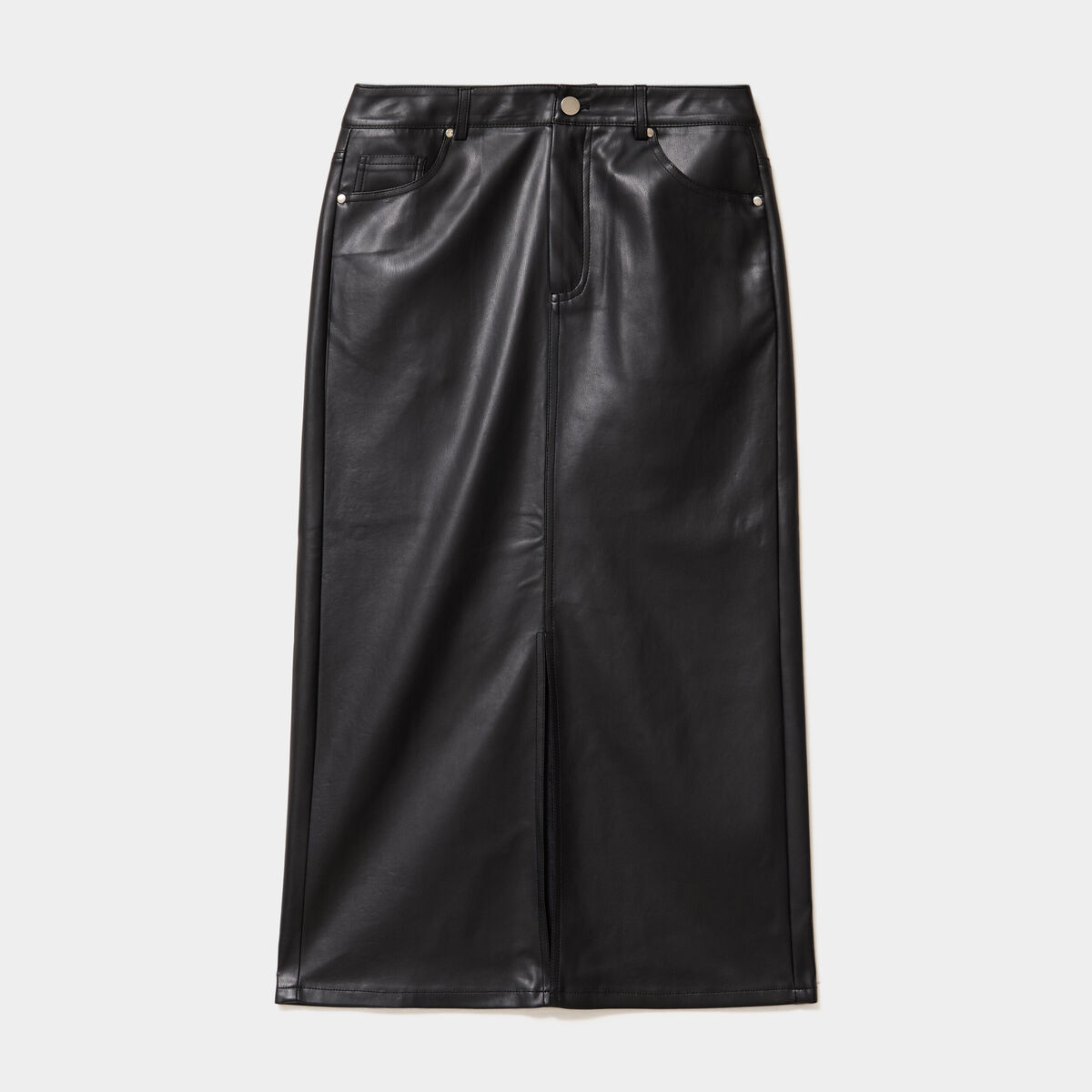 Jupe longue fendue en simili cuir noir femme