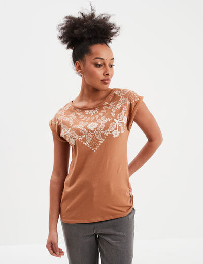 T-shirt manches courtes coton Creeks camel femme