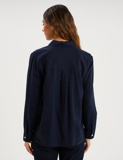 Chemise lin m&eacute;lang&eacute; manches longues bleu fonc&eacute; femme