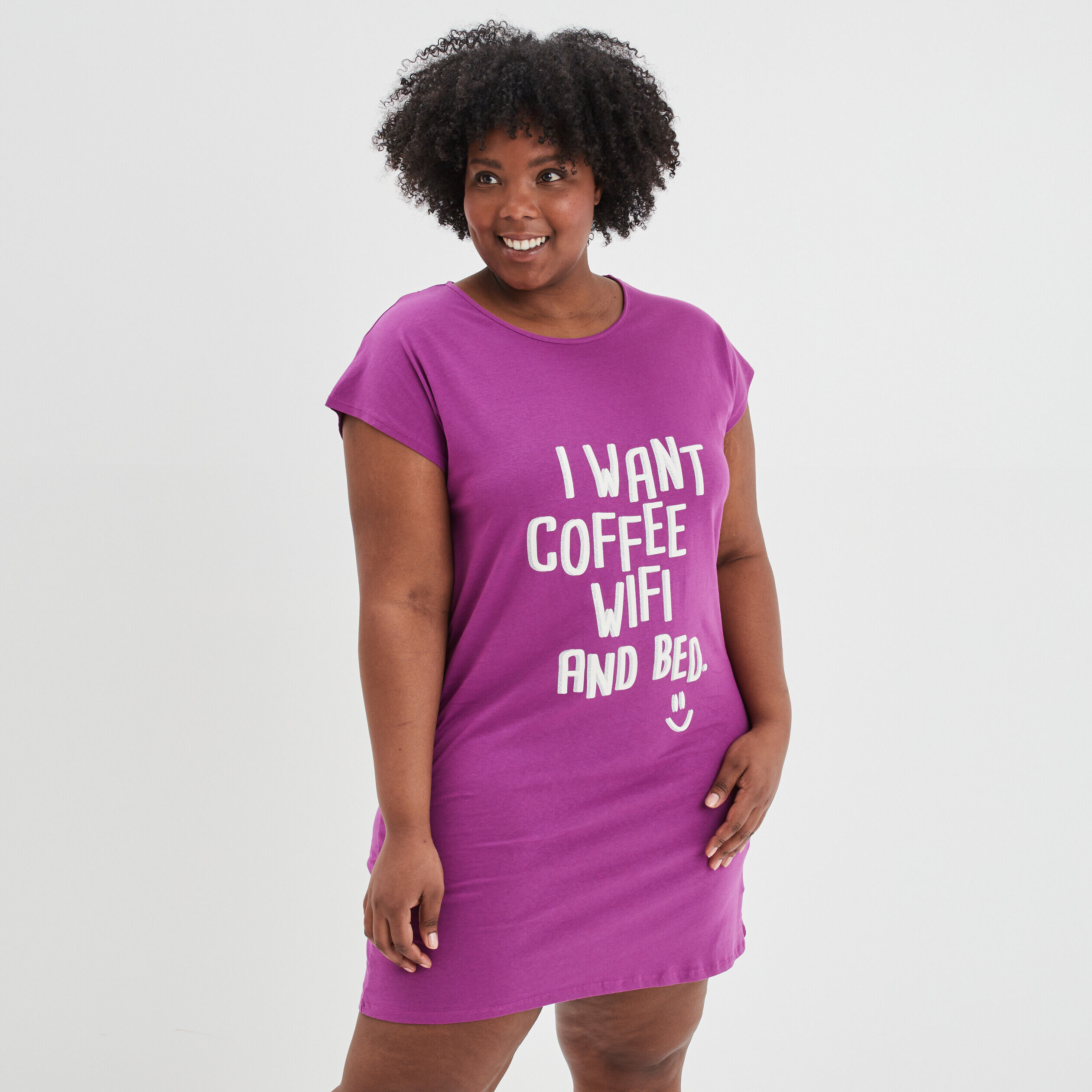 Chemise de nuit droite courte coton violet femme grande taille MODAVISTA