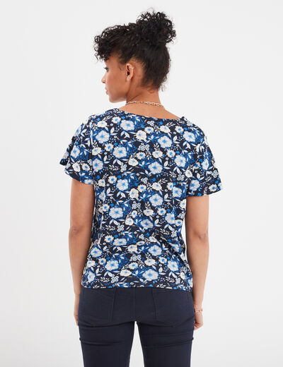 T-shirt manches courtes épaules smockées bleu marine femme