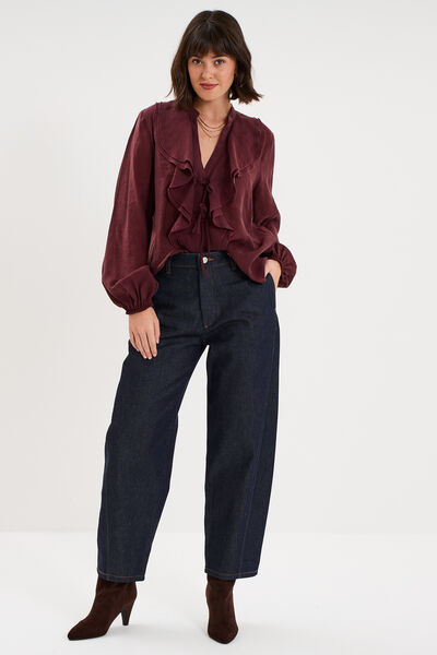 Blouse manches longues col V &agrave; volants violet fonc&eacute; femme