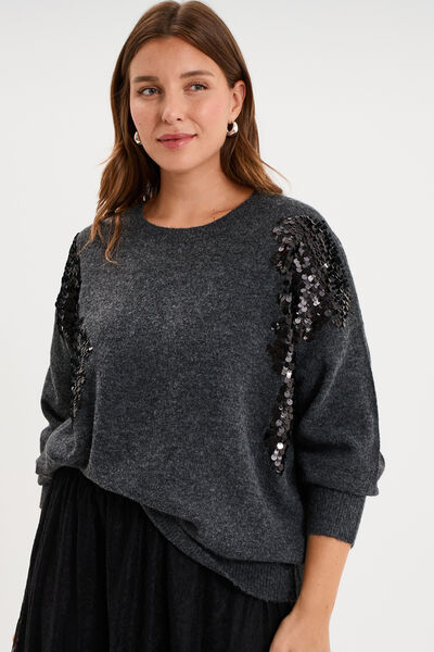 Pull &agrave; paillettes gris fonc&eacute; femme grande taille