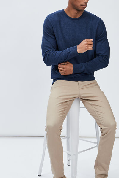Pull droit col rond coton m&eacute;lang&eacute; bleu fonc&eacute; homme