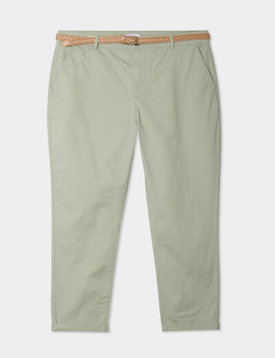 Pantalon chino cigarette ceinturé coton vert kaki femme grande taille