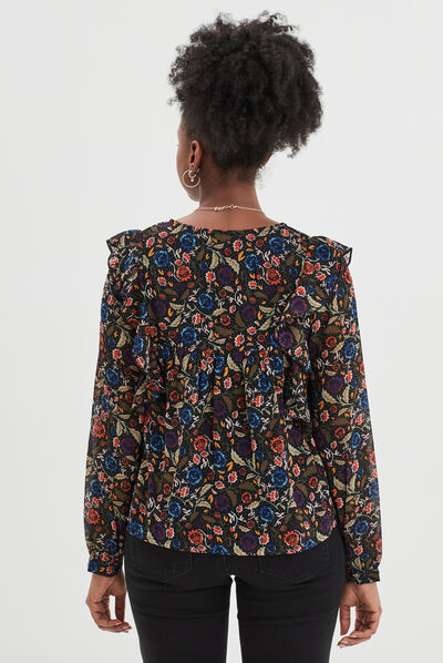 Blouse col en V à volants multicolore femme