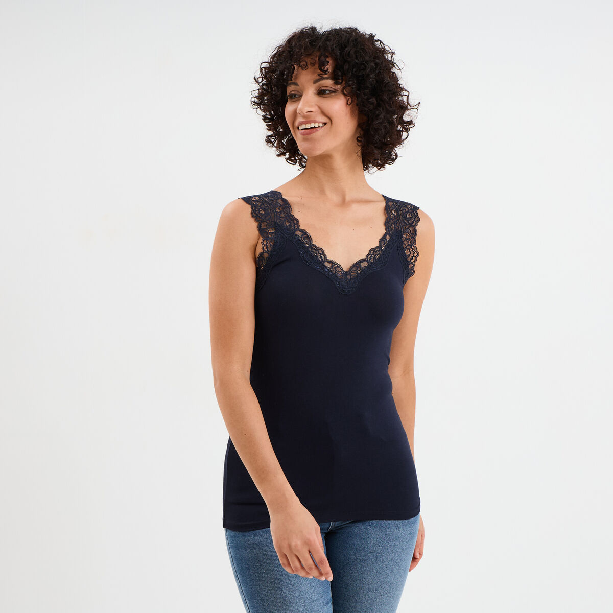 D&eacute;bardeur ajust&eacute; avec dentelle col V bleu fonc&eacute; femme