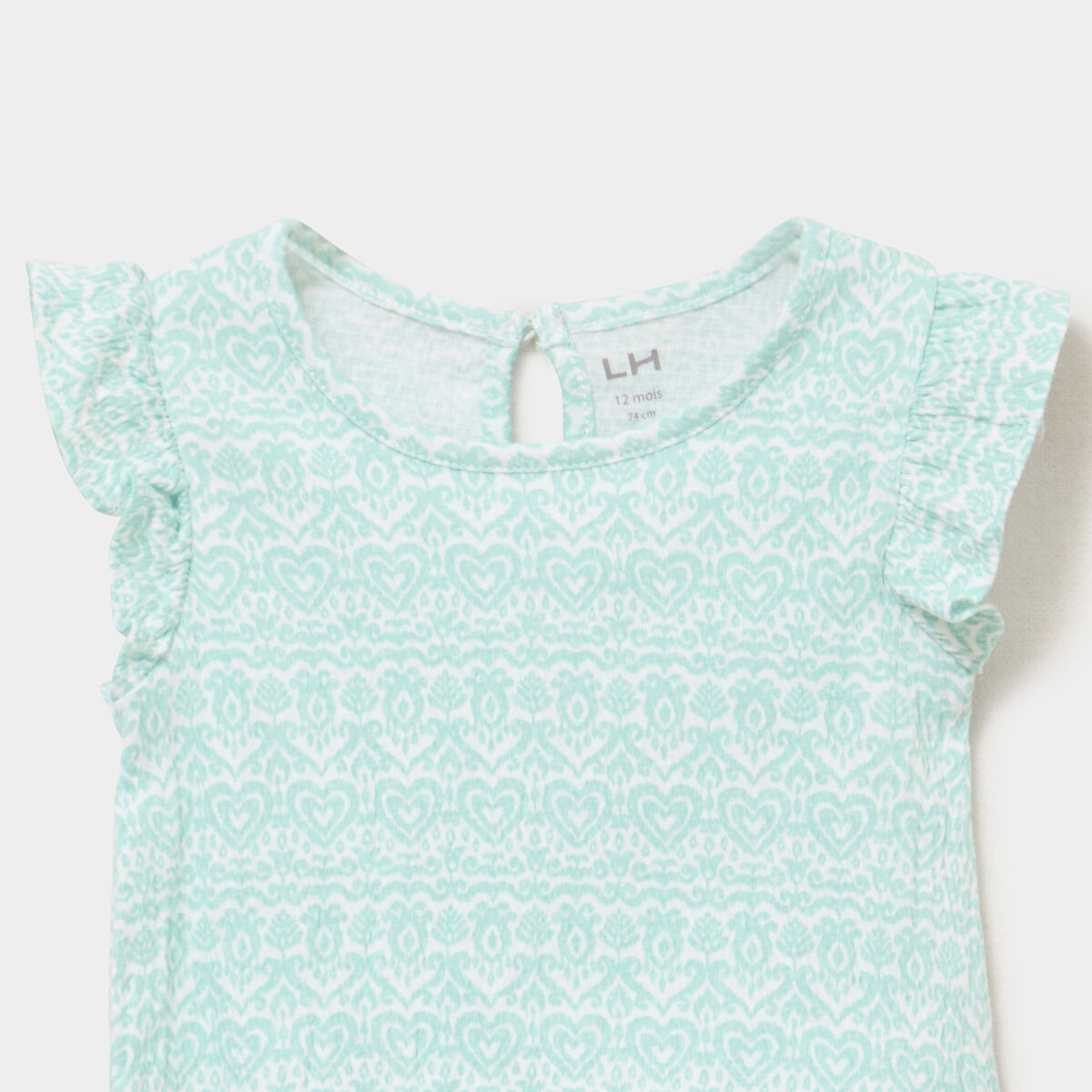 T-shirt relief&eacute; manches volants coton vert pastel b&eacute;b&eacute; fille