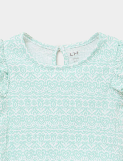T-shirt relief&eacute; manches volants coton vert pastel b&eacute;b&eacute; fille