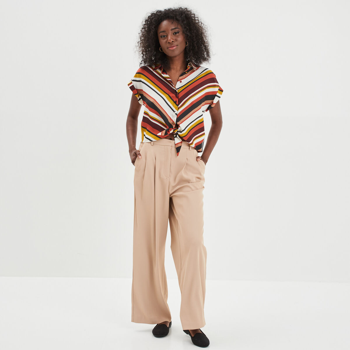 Chemise satin nouée manches courtes multicolore femme