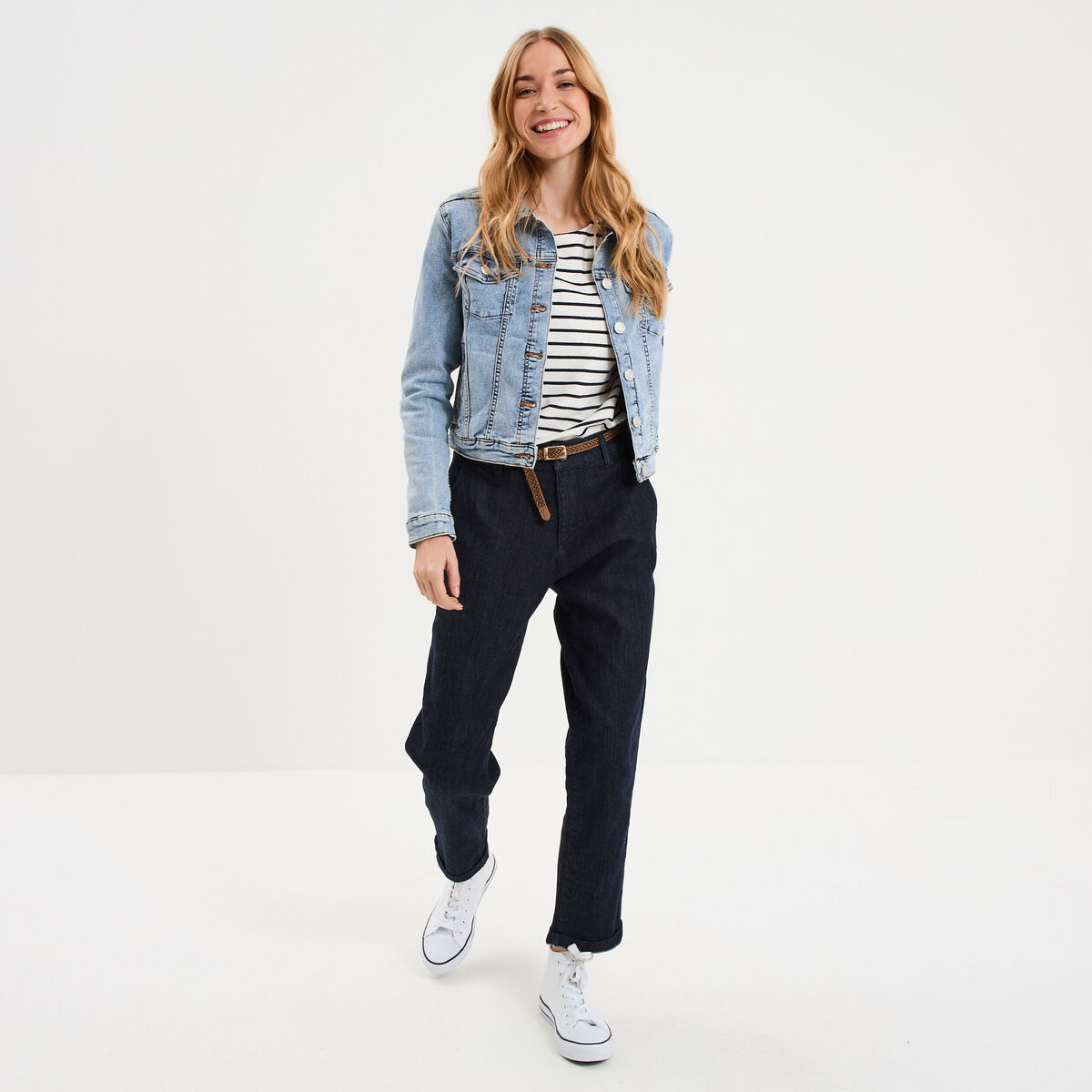 Jean chino droit avec ceinture denim brut femme