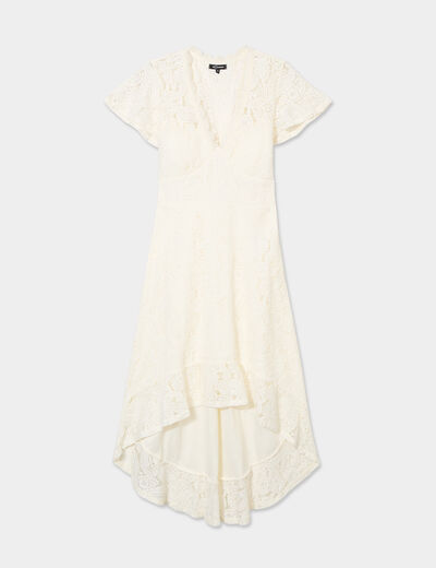 Robe midi col V dentelle et volants blanc femme
