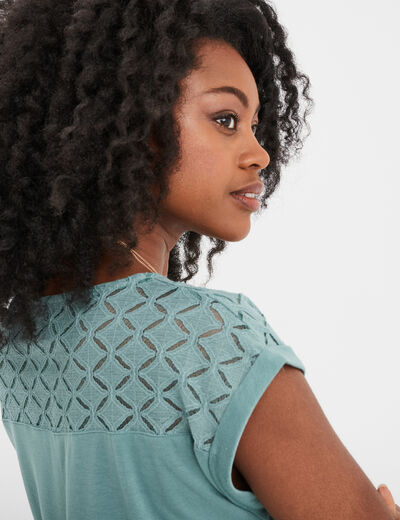 T-shirt col en V ajour&eacute; &eacute;paules et dos bleu gris femme