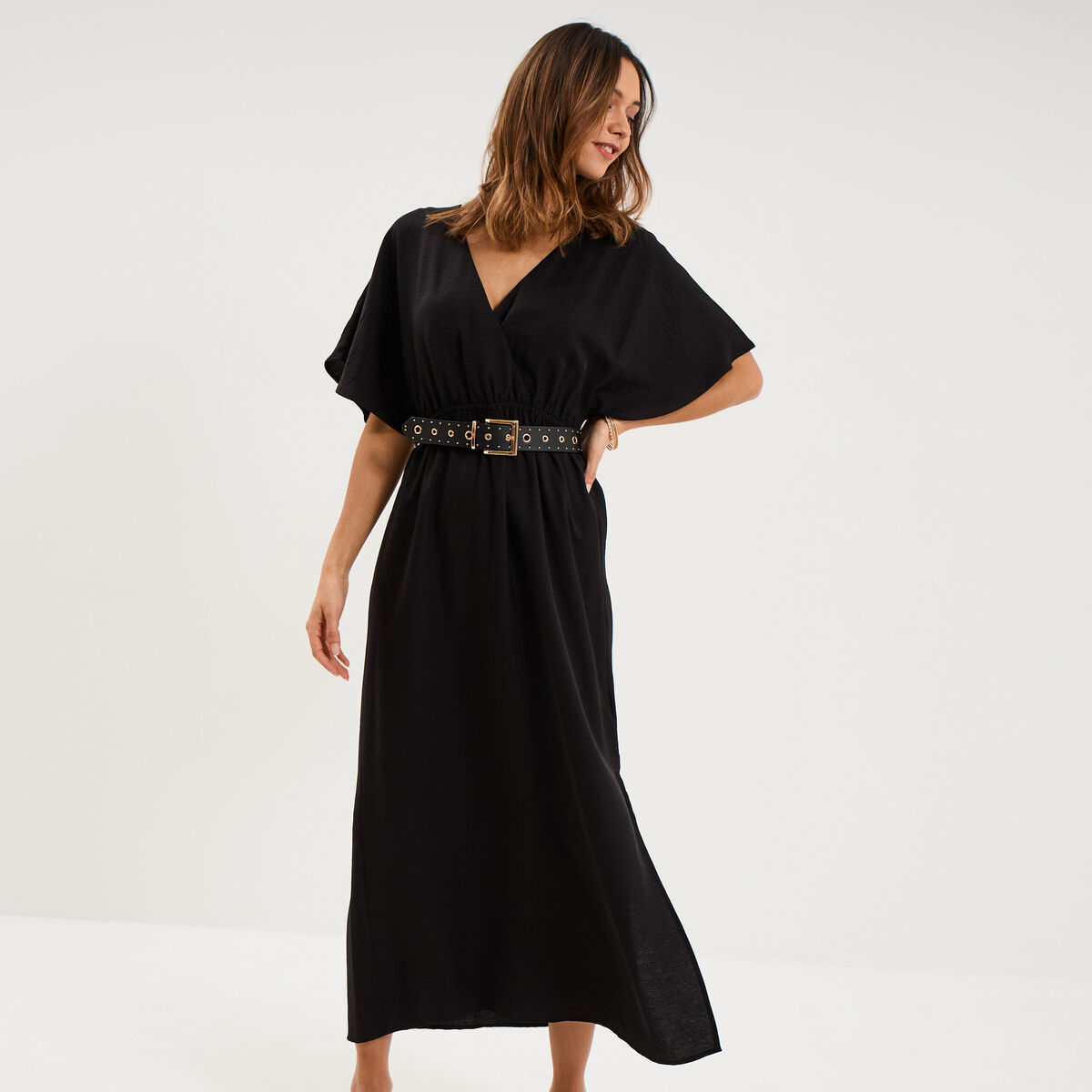 Robe longue &eacute;vas&eacute;e col cache-coeur noir femme