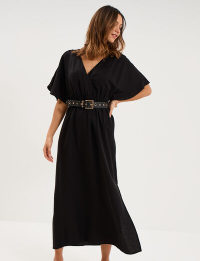 Robe longue &eacute;vas&eacute;e col cache-coeur noir femme