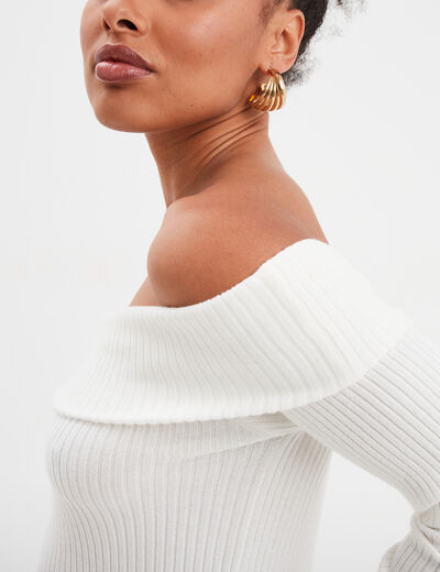 Pull côtelé col bardot manches longues blanc femme