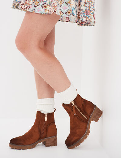 Bottines &agrave; talons effet daim zipp&eacute;es marron femme
