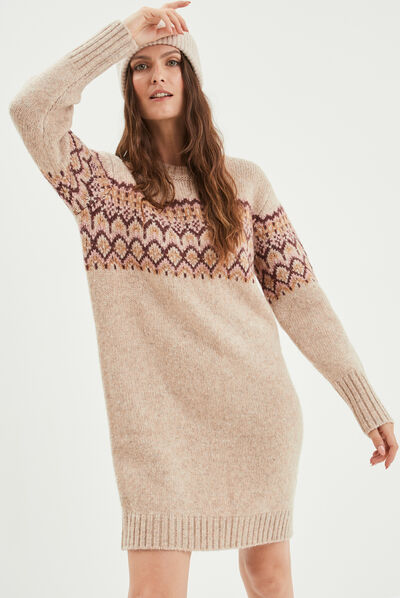 Robe pull droite courte col rond Creeks beige femme