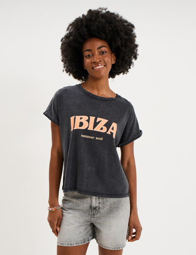 T-shirt col rond manches courtes coton gris anthracite femme