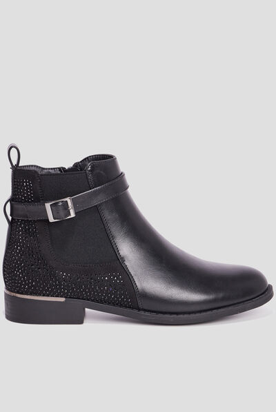 Bottines plates avec strass et boucles noir femme