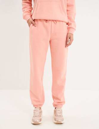 Pantalon jogging droit molleton rose poudr&eacute;e femme