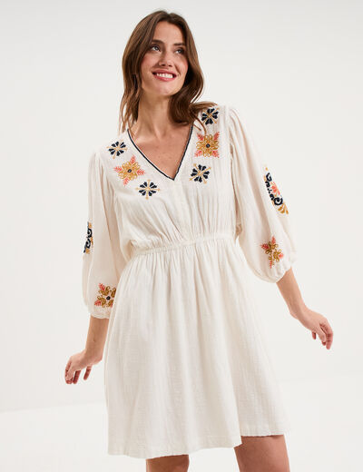 Robe courte brod&eacute;e taille &eacute;lastiqu&eacute;e ecru femme