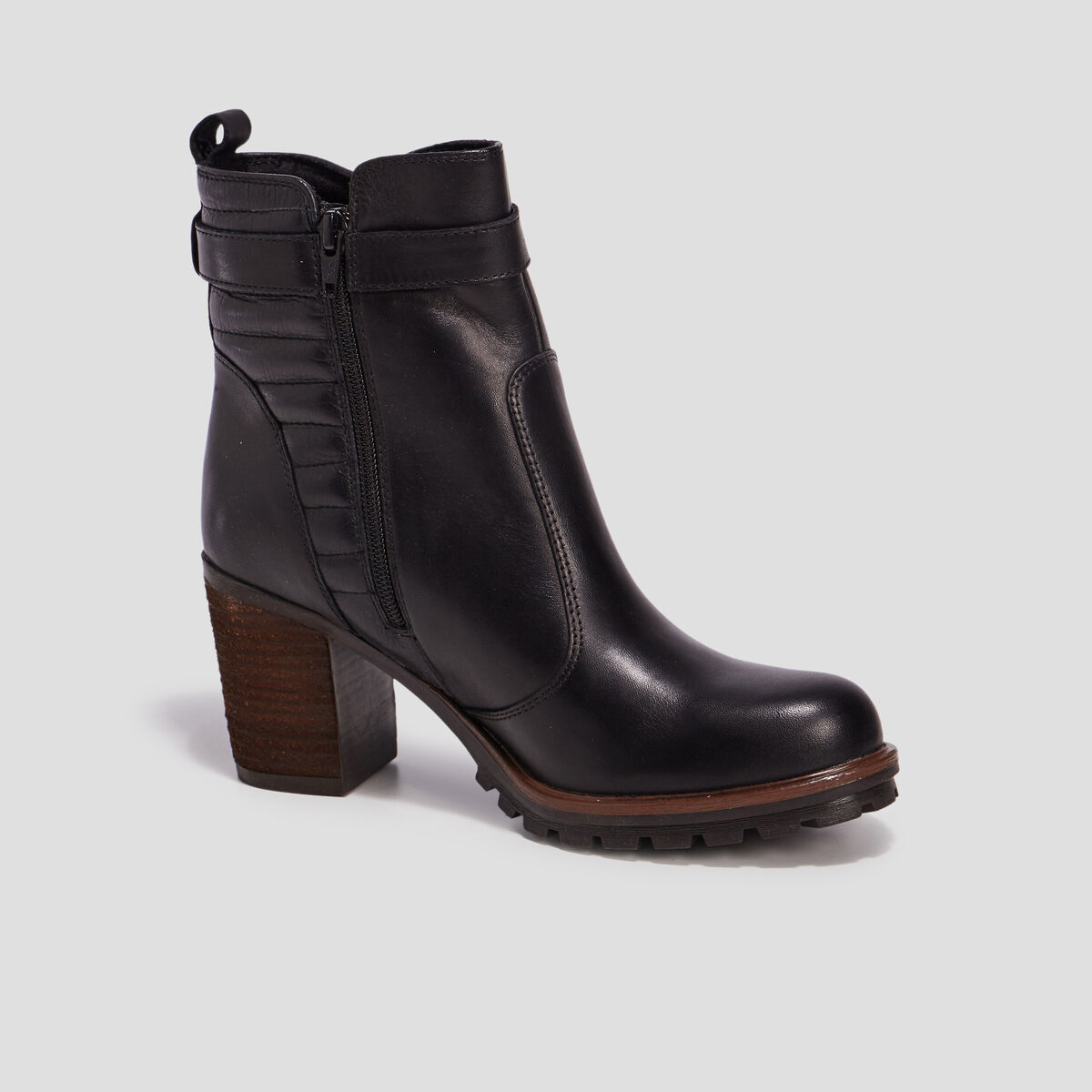 Bottines à talons en cuir boucle noir femme