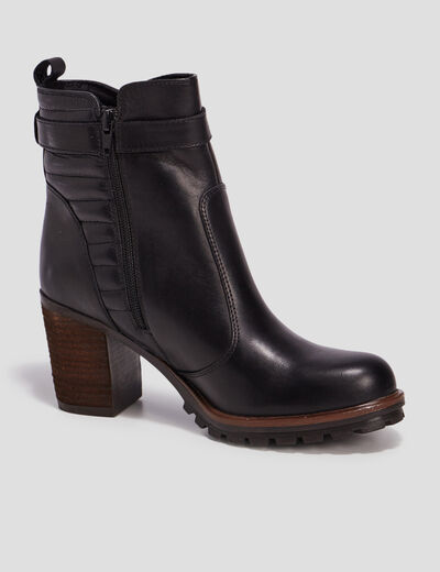 Bottines à talons en cuir boucle noir femme