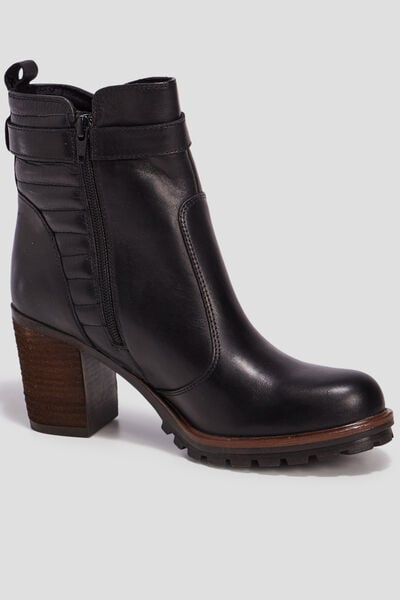 Bottines &agrave; talons en cuir boucle noir femme