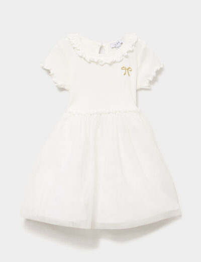 Robe c&ocirc;tel&eacute;e bas en tulle col claudine blanc b&eacute;b&eacute; fille