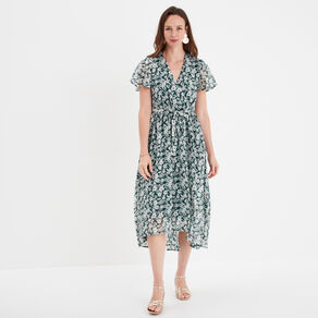 Robe longue évasée col cache-coeur vert foncé femme