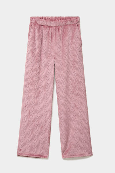 Pantalon effet polaire d&eacute;tails torsades rose framboise femme