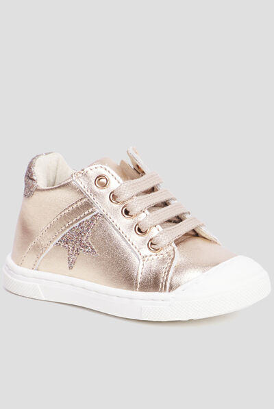 Bottillons métallisés en cuir rose champagne bébé fille