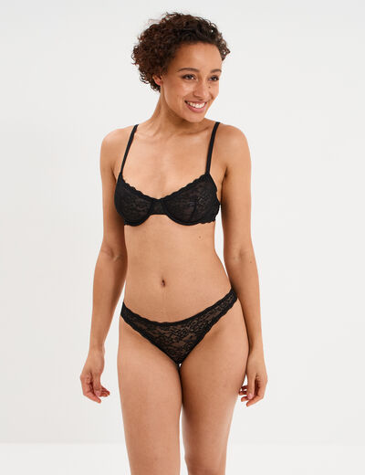 Tanga en dentelle doublure coton noir femme