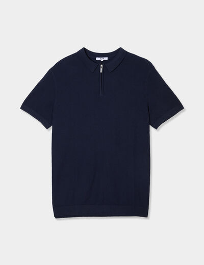 Polo col zipp&eacute; manches courtes coton bleu marine homme