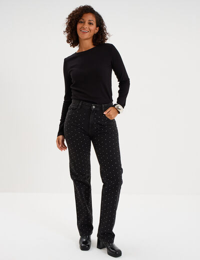 Jean droit &agrave; strass taille haute denim noir femme