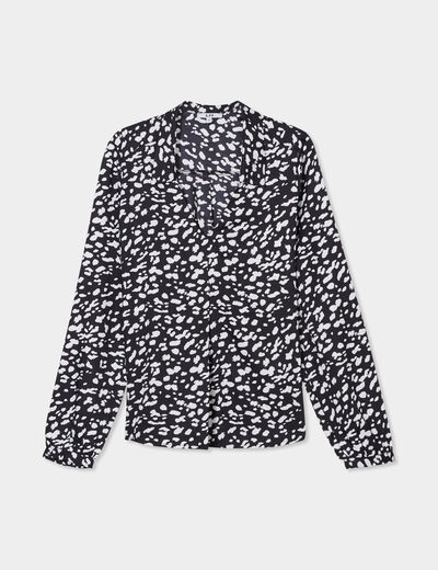 Blouse effet satin col en V à revers noir femme
