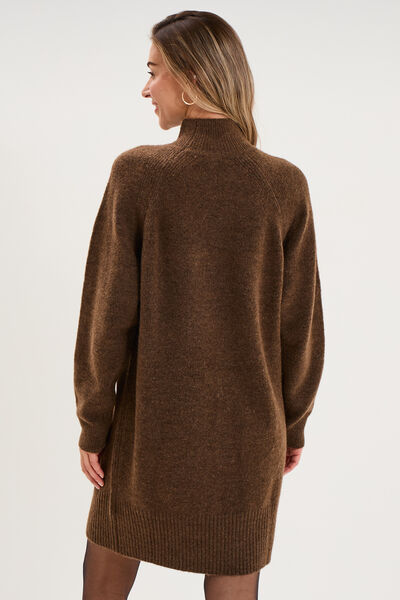 Robe pull col montant manches longues marron femme