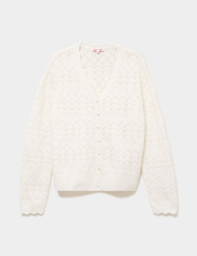 Gilet ajour&eacute; col V manches longues blanc femme
