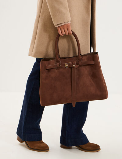 Sac &agrave; main rectangulaire effet su&eacute;dine marron fonc&eacute; femme