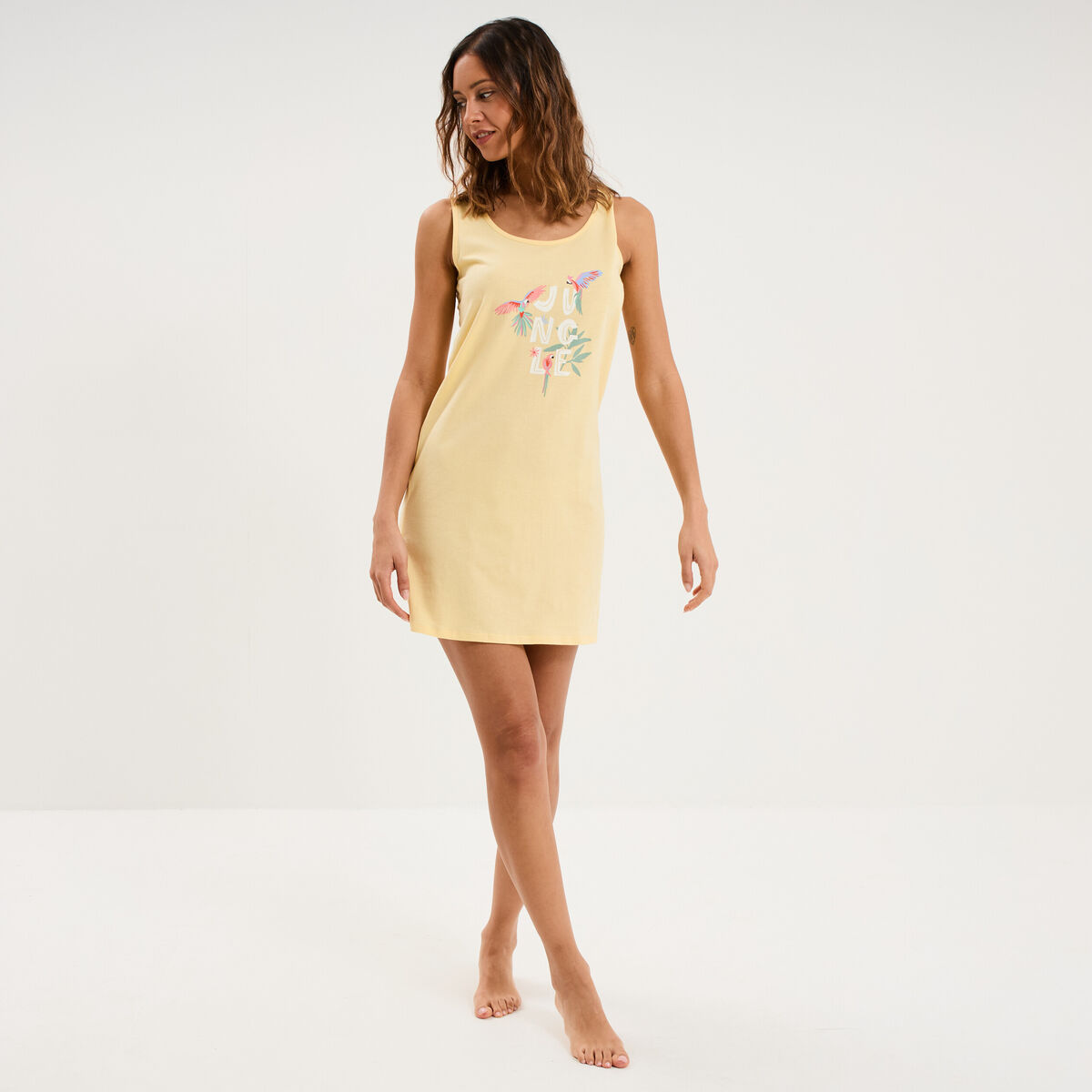 Chemise de nuit sans manches coton jaune clair femme